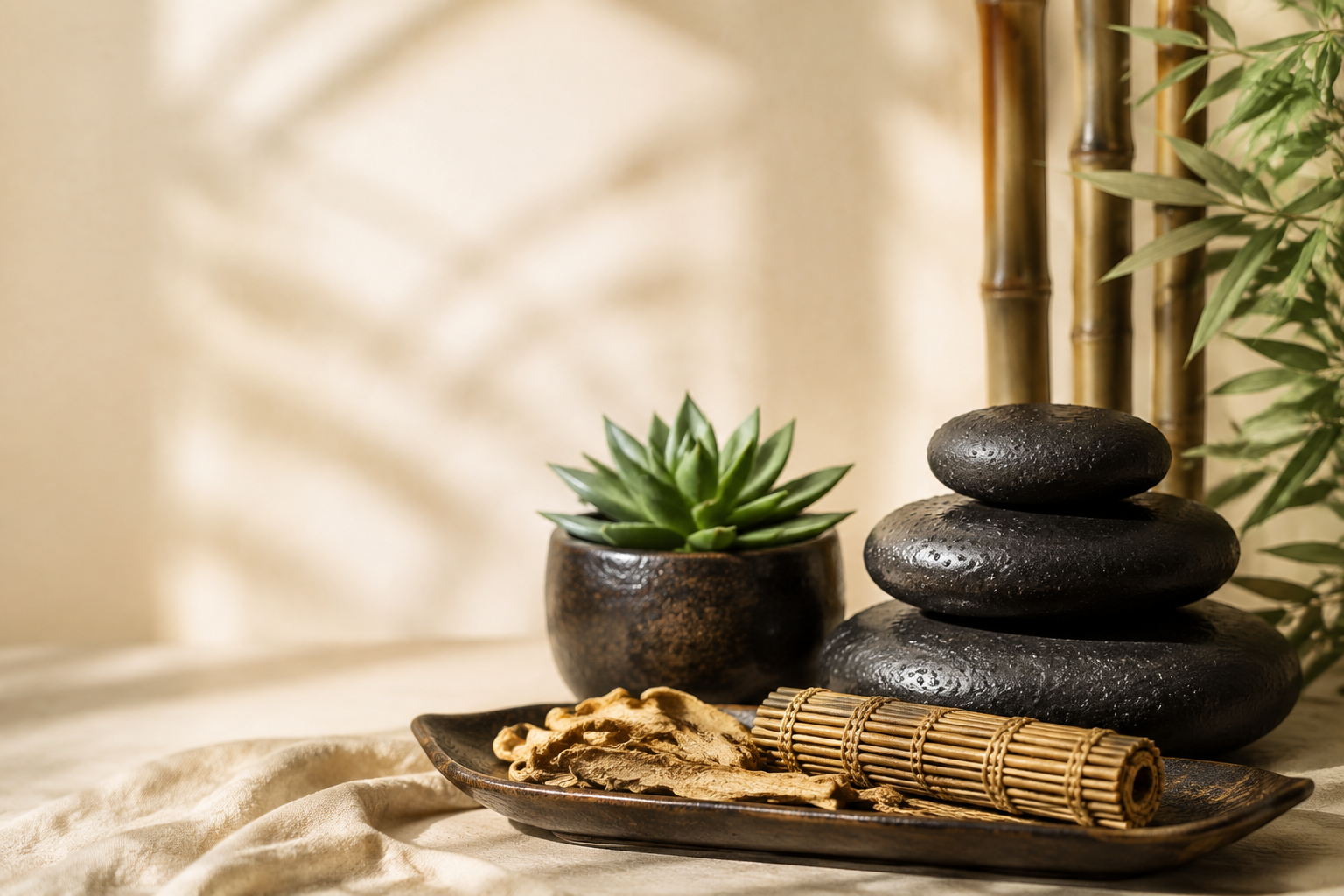 Bamboo, wet river stones, herbs and a small succulent in warm morning light